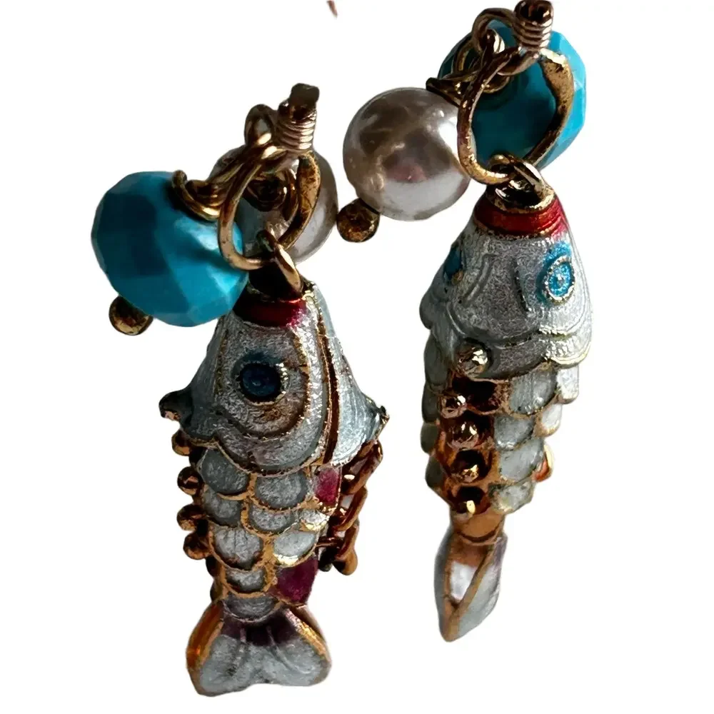 Articulating 14K Gold Koi Fish Enamel Good Luck Dangle Earrings Blue White